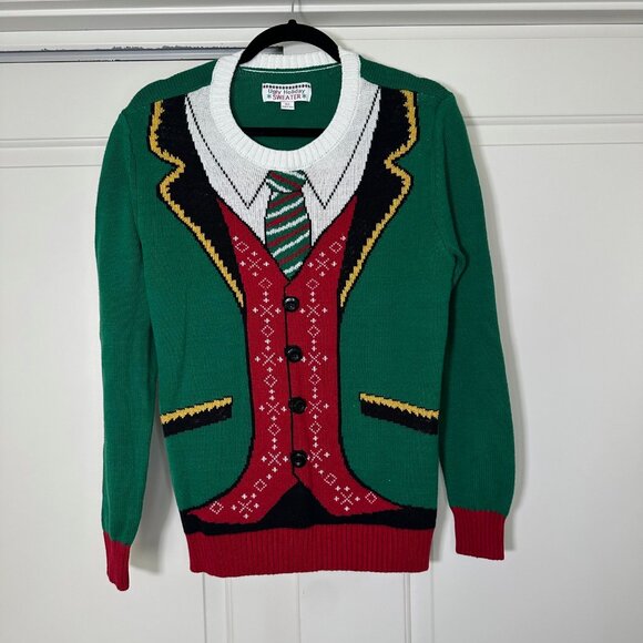 Ugly Holiday Christmas Sweater Faux Elf Suit - Large - Picture 2 of 8